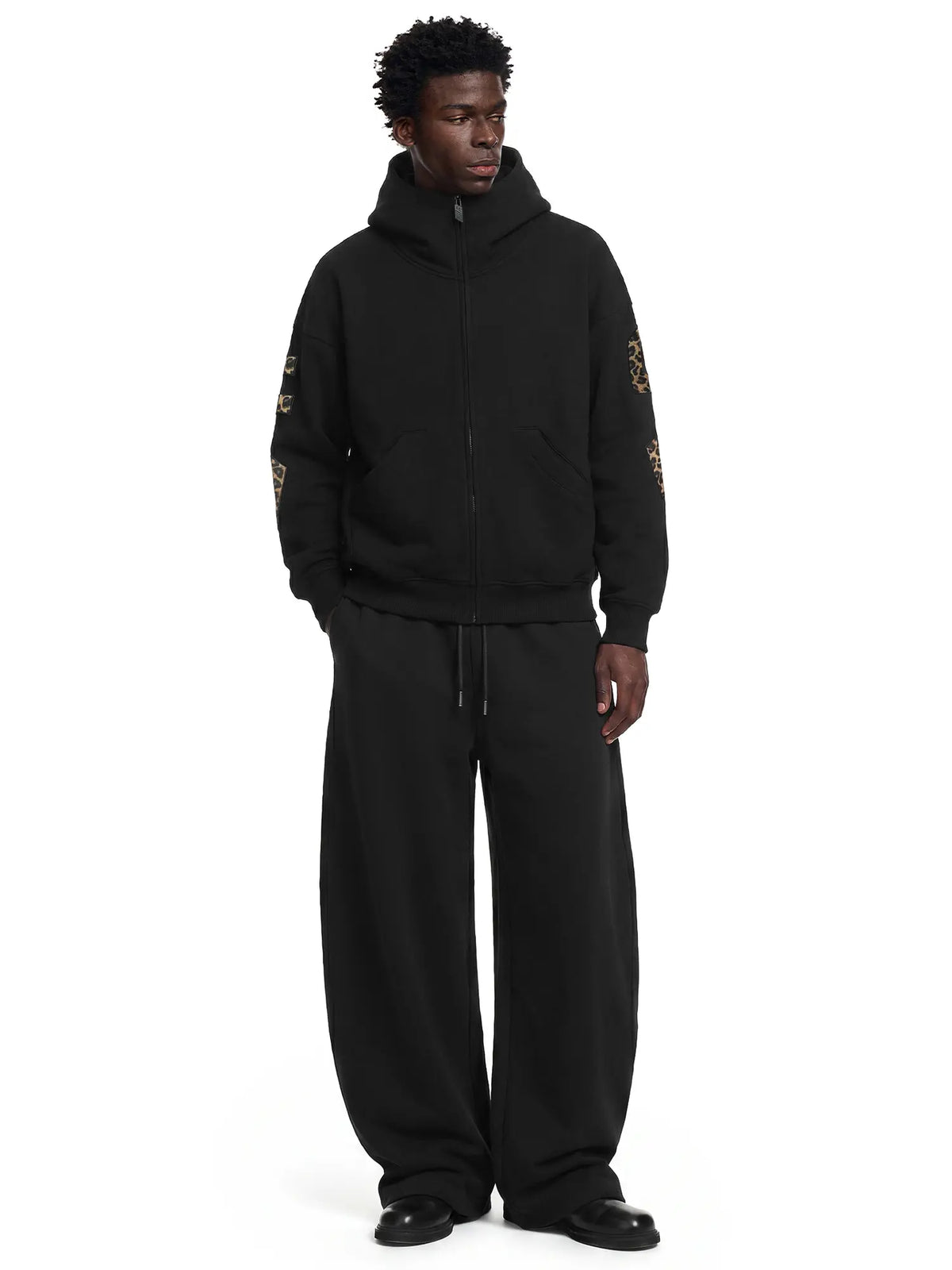 FDR Applique Letter Stand Collar Zip up Jacket & Leopard Panel Faux Two Piece Barrel Sweatpants Set Oversized Y2K Streetwear Unisex