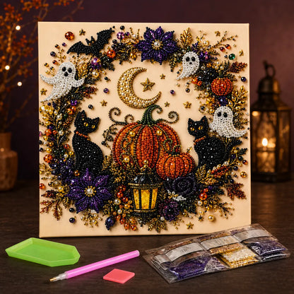 Halloween Diamond Painting Kit for Adults and Teens, 5D DIY Full Drill Diamond Art Craft with Canvas and Tools, Pumpkin Ghost Witch and Cat Halloween Wall Decor, Beginner-Friendly Gift, 8 X 8 Inch