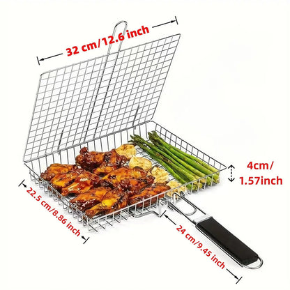 Rectangular Carbon Steel Outdoor BBQ Grill Net - Single Roomier Sheet Grid Rack with Handle, Thick Durable Barbecue Utensils for Home & Festive Supplies, Sohochic