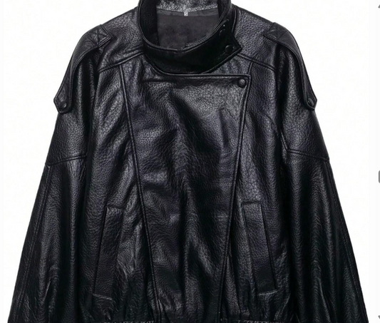Women'S Fall & Winter Streetwear Coats, Fashion Motorcycle Style Leather-Look Long Sleeve Outerwear Jacket, Vintage Loose Fit, Stand Collar Asymmetrical Design, Multiple Colors Available