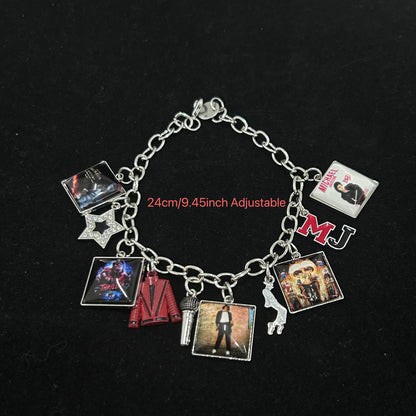 Music Inspired Michael Jackson Charm Bracelet, Vintage Link Chain Bracelet with Microphone, Jacket & Album Charms, Unisex Fan Gift, Back to School Jewelry Gift Fashion Woman
