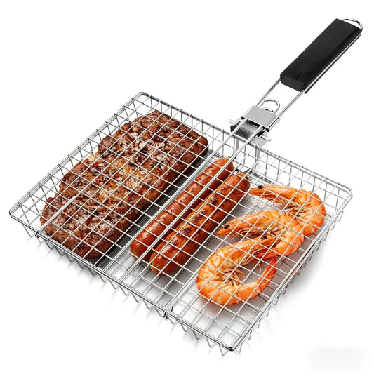 Rectangular Carbon Steel Outdoor BBQ Grill Net - Single Roomier Sheet Grid Rack with Handle, Thick Durable Barbecue Utensils for Home & Festive Supplies, Sohochic