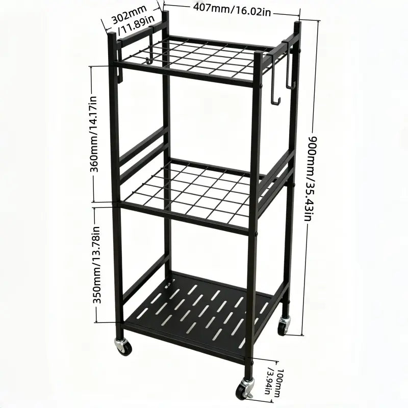 Black Outdoor Storage Cart Organizer - Sturdy Metal Steel Frame Garden Organizer Rack Shelf, Functional Single Unit with 4 Hooks, Holds up to 35 Long-Handled Tools for Yd/Garage, Complements Outdoor Spaces, Portable Adjustable Metal Racks Plant