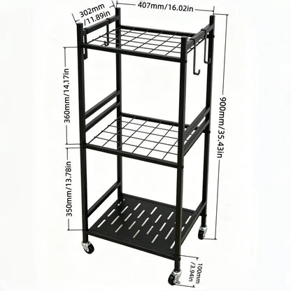 Black Outdoor Storage Cart Organizer - Sturdy Metal Steel Frame Garden Organizer Rack Shelf, Functional Single Unit with 4 Hooks, Holds up to 35 Long-Handled Tools for Yd/Garage, Complements Outdoor Spaces, Portable Adjustable Metal Racks Plant