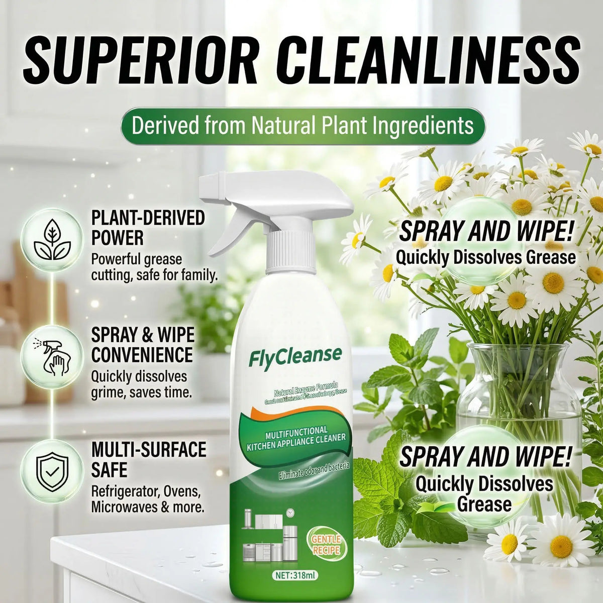 Flycleanse 318Ml Stainless Steel Cleaning Spray Bottle - Household Cleaning Products, Streak-Free All-Purpose Liquid Cleaner for Kitchen Appliances, Stoves, Ovens, Microwaves, Safe Surfaces