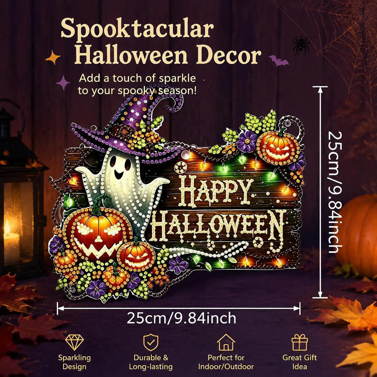 9.8In Shiny Acrylic Safe Diamond Art Hanging Suncatcher Kit - Witch, Black Cat, Ghost Reading, Pumpkin Designs - DIY Rhinestone Ornament, Wall, Outdoor Indoor Decorative, Cute Halloween Stuff, Ghost Decor Gift for Kids