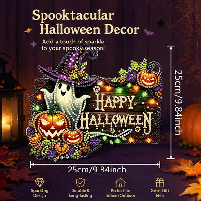 9.8In Shiny Acrylic Safe Diamond Art Hanging Suncatcher Kit - Witch, Black Cat, Ghost Reading, Pumpkin Designs - DIY Rhinestone Ornament, Wall, Outdoor Indoor Decorative, Cute Halloween Stuff, Ghost Decor Gift for Kids