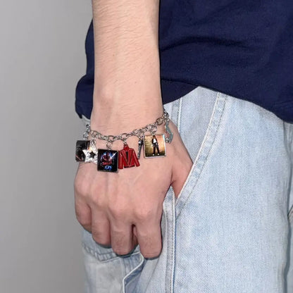 Music Inspired Michael Jackson Charm Bracelet, Vintage Link Chain Bracelet with Microphone, Jacket & Album Charms, Unisex Fan Gift, Back to School Jewelry Gift Fashion Woman