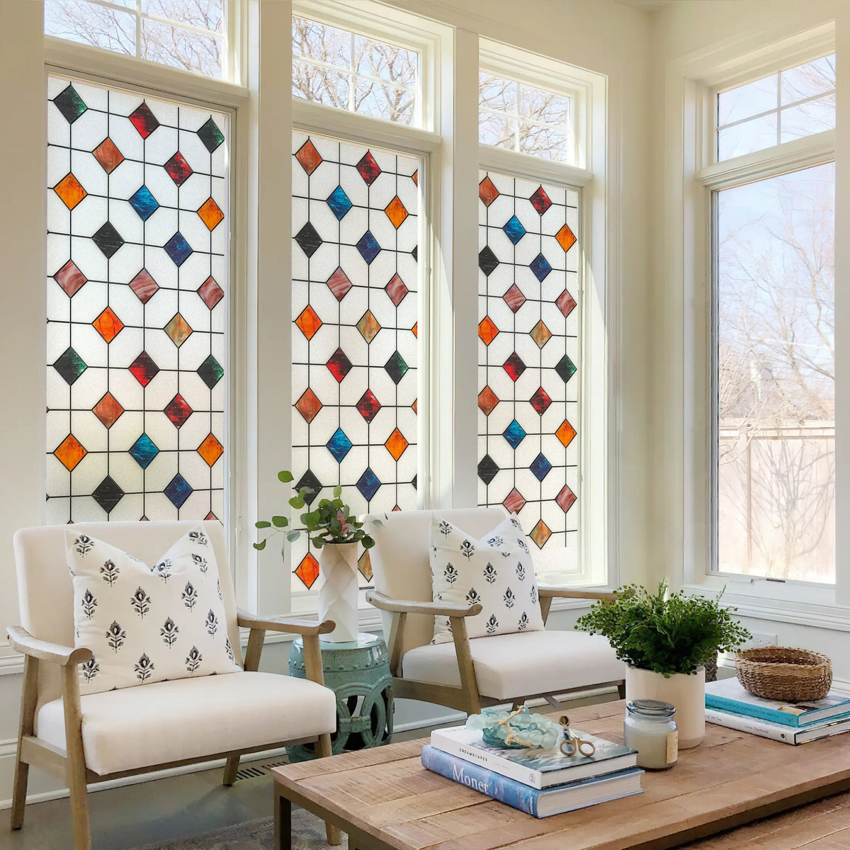 DKTIE 17.7" X 78.7" Agate Stone Lattice Pattern Stained Glass Privacy Window Film, Anti-Uv & Heat Blocking, Easy Install Electrostatic Cling, Deliver Installation Tools