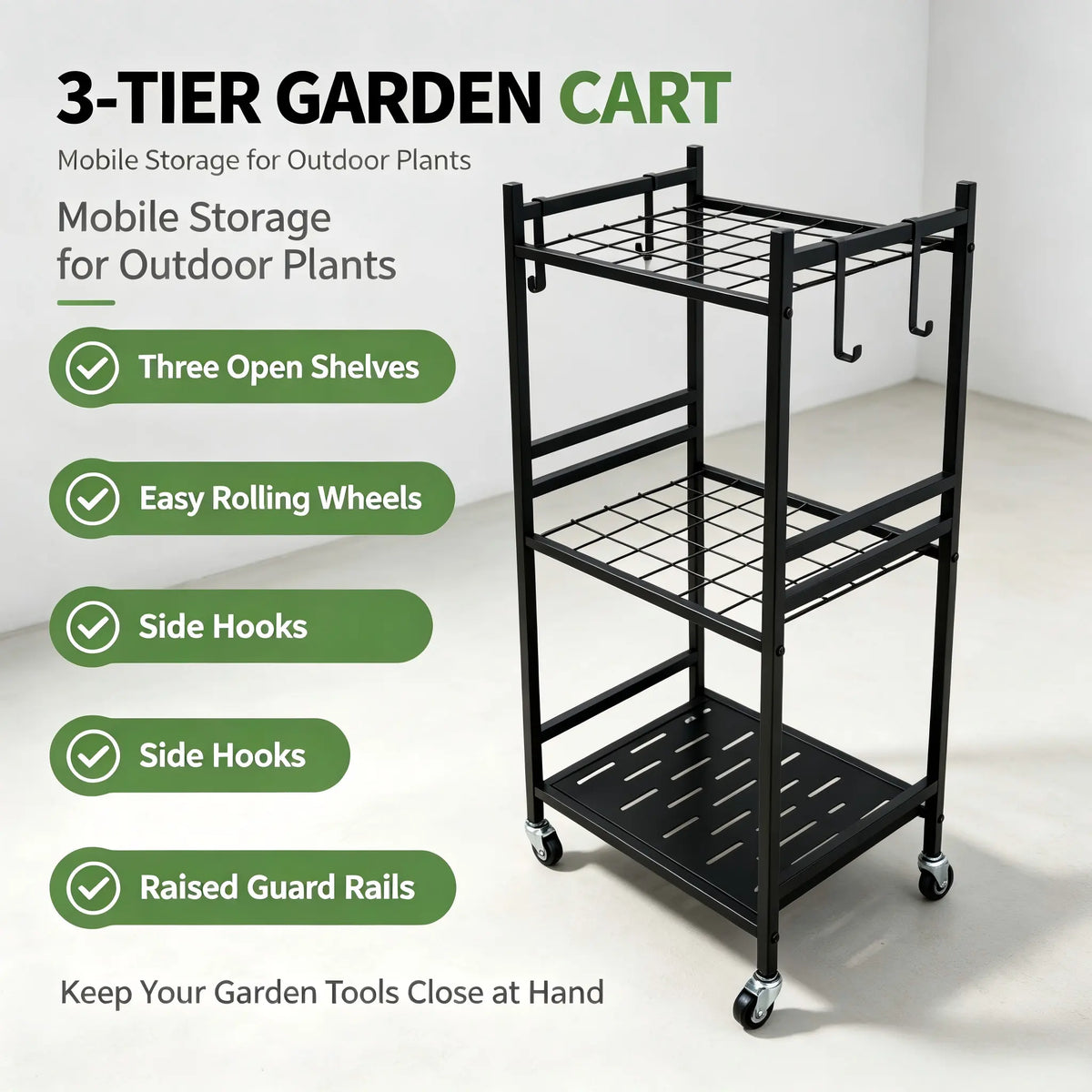 Black Outdoor Storage Cart Organizer - Sturdy Metal Steel Frame Garden Organizer Rack Shelf, Functional Single Unit with 4 Hooks, Holds up to 35 Long-Handled Tools for Yd/Garage, Complements Outdoor Spaces, Portable Adjustable Metal Racks Plant