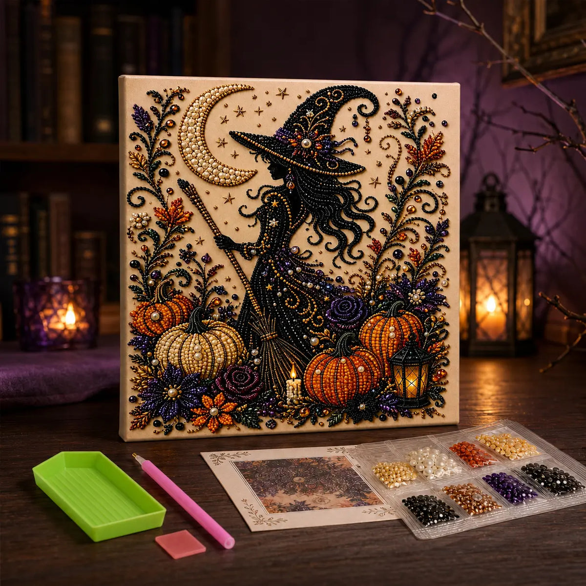 Halloween Diamond Painting Kit for Adults and Teens, 5D DIY Full Drill Diamond Art Craft with Canvas and Tools, Pumpkin Ghost Witch and Cat Halloween Wall Decor, Beginner-Friendly Gift, 8 X 8 Inch