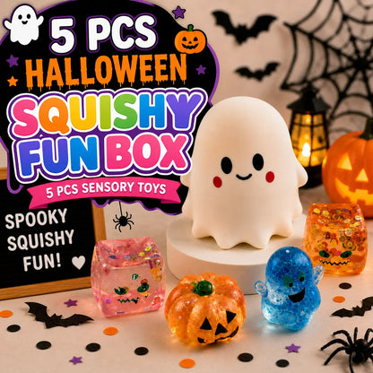 5 PCS Halloween Squishy Fun Box Sensory Toys, Slow Rising Ghost & Malt Sugar Texture Glitter Pumpkin Squishies, Soft Stretchy Squeeze Fidget Toys for Stress Relief, Halloween Gifts & Goodie Bag Stuffers, Kids Adults Trick or Treat Party Favors Backtoschoo