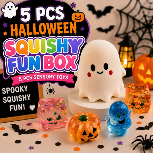 5 PCS Halloween Squishy Fun Box Sensory Toys, Slow Rising Ghost & Malt Sugar Texture Glitter Pumpkin Squishies, Soft Stretchy Squeeze Fidget Toys for Stress Relief, Halloween Gifts & Goodie Bag Stuffers, Kids Adults Trick or Treat Party Favors Backtoschoo