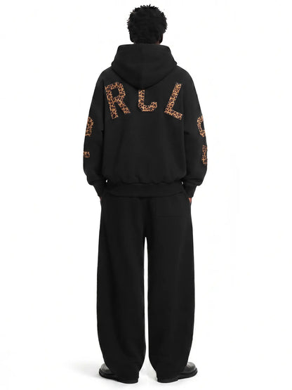 FDR Applique Letter Stand Collar Zip up Jacket & Leopard Panel Faux Two Piece Barrel Sweatpants Set Oversized Y2K Streetwear Unisex