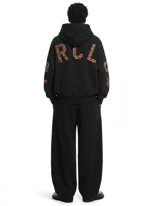 FDR Applique Letter Stand Collar Zip up Jacket & Leopard Panel Faux Two Piece Barrel Sweatpants Set Oversized Y2K Streetwear Unisex