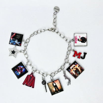 Music Inspired Michael Jackson Charm Bracelet, Vintage Link Chain Bracelet with Microphone, Jacket & Album Charms, Unisex Fan Gift, Back to School Jewelry Gift Fashion Woman