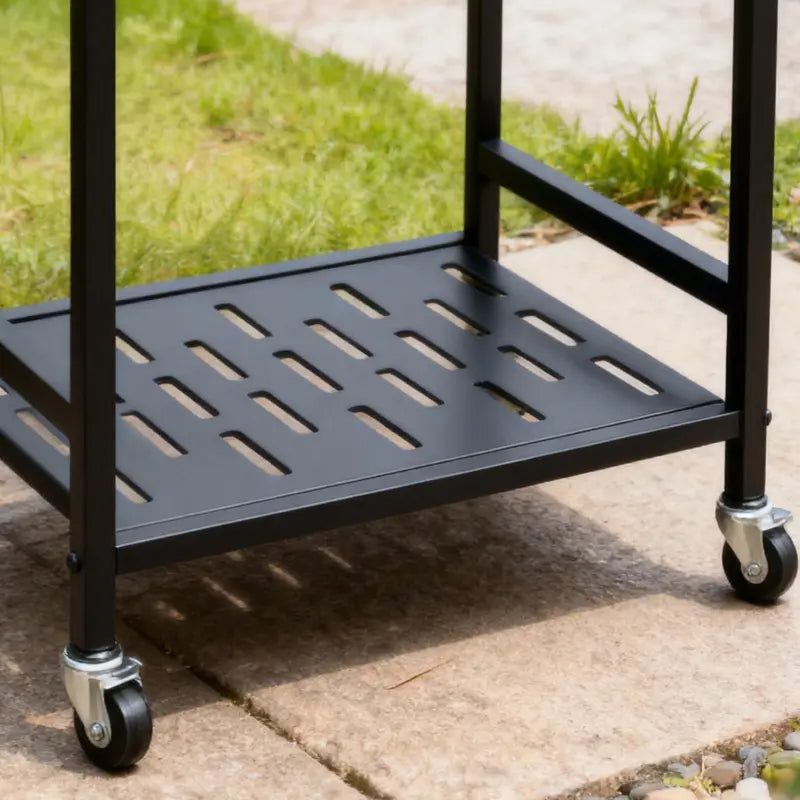 Black Outdoor Storage Cart Organizer - Sturdy Metal Steel Frame Garden Organizer Rack Shelf, Functional Single Unit with 4 Hooks, Holds up to 35 Long-Handled Tools for Yd/Garage, Complements Outdoor Spaces, Portable Adjustable Metal Racks Plant