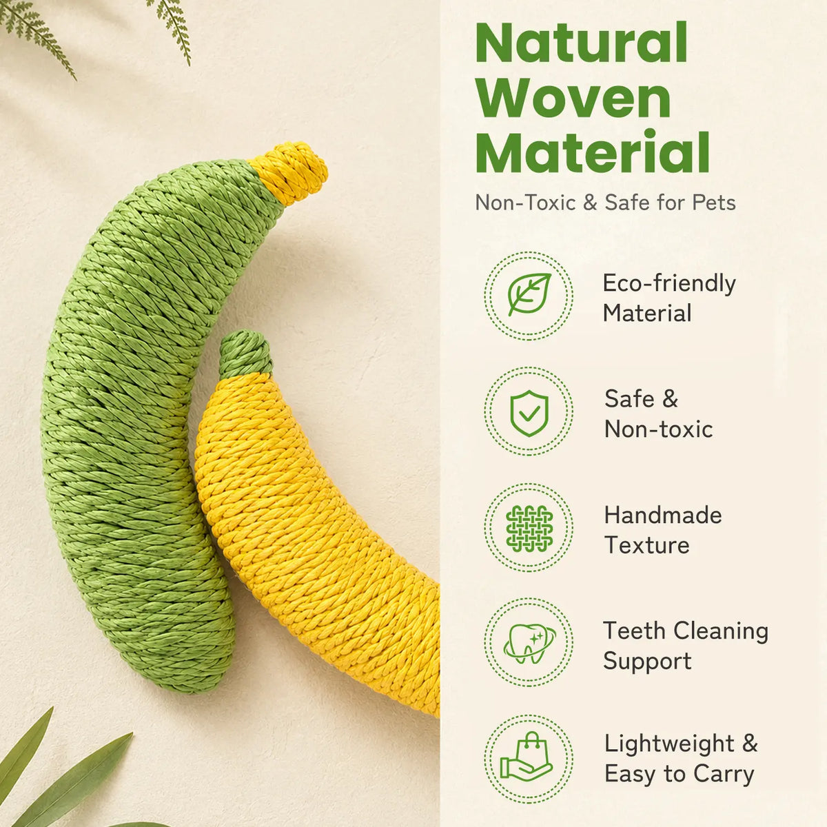 Sisal Fruit Interactive Cat Chewing Toy - 40G, Compact, Carryable, Cute Banana Design, Textured for Biting, Batting, Scratching, Indoor Play (Yellow/Green)