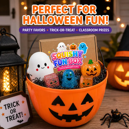 5 PCS Halloween Squishy Fun Box Sensory Toys, Slow Rising Ghost & Malt Sugar Texture Glitter Pumpkin Squishies, Soft Stretchy Squeeze Fidget Toys for Stress Relief, Halloween Gifts & Goodie Bag Stuffers, Kids Adults Trick or Treat Party Favors Backtoschoo