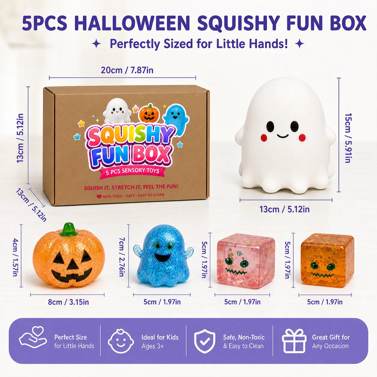 5 PCS Halloween Squishy Fun Box Sensory Toys, Slow Rising Ghost & Malt Sugar Texture Glitter Pumpkin Squishies, Soft Stretchy Squeeze Fidget Toys for Stress Relief, Halloween Gifts & Goodie Bag Stuffers, Kids Adults Trick or Treat Party Favors Backtoschoo