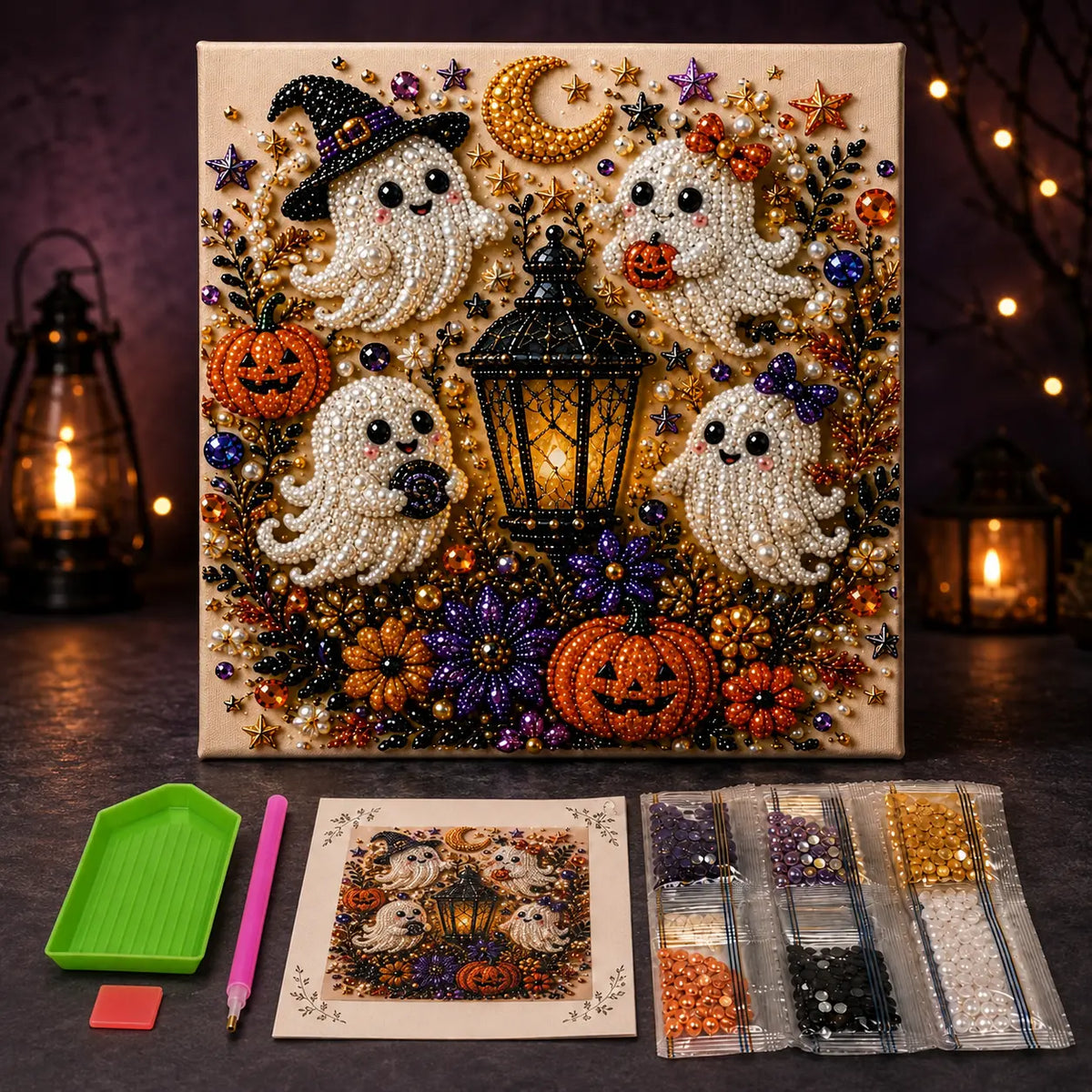 Halloween Diamond Painting Kit for Adults and Teens, 5D DIY Full Drill Diamond Art Craft with Canvas and Tools, Pumpkin Ghost Witch and Cat Halloween Wall Decor, Beginner-Friendly Gift, 8 X 8 Inch
