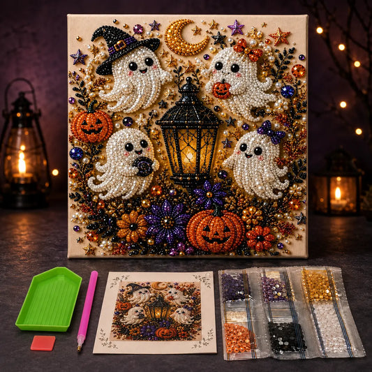 Halloween Diamond Painting Kit for Adults and Teens, 5D DIY Full Drill Diamond Art Craft with Canvas and Tools, Pumpkin Ghost Witch and Cat Halloween Wall Decor, Beginner-Friendly Gift, 8 X 8 Inch