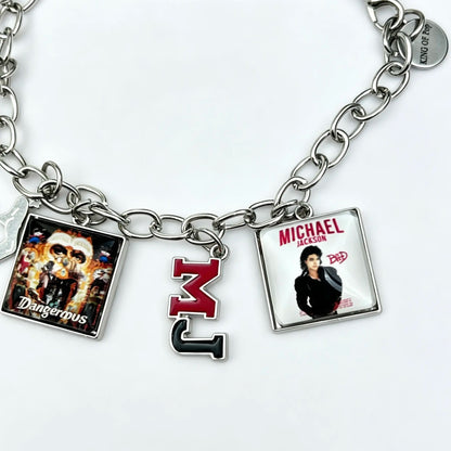 Music Inspired Michael Jackson Charm Bracelet, Vintage Link Chain Bracelet with Microphone, Jacket & Album Charms, Unisex Fan Gift, Back to School Jewelry Gift Fashion Woman
